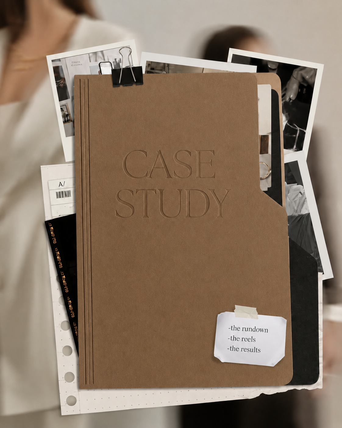 Case study clipboard with clipped photos and a note reading the rundown, the reels, the results