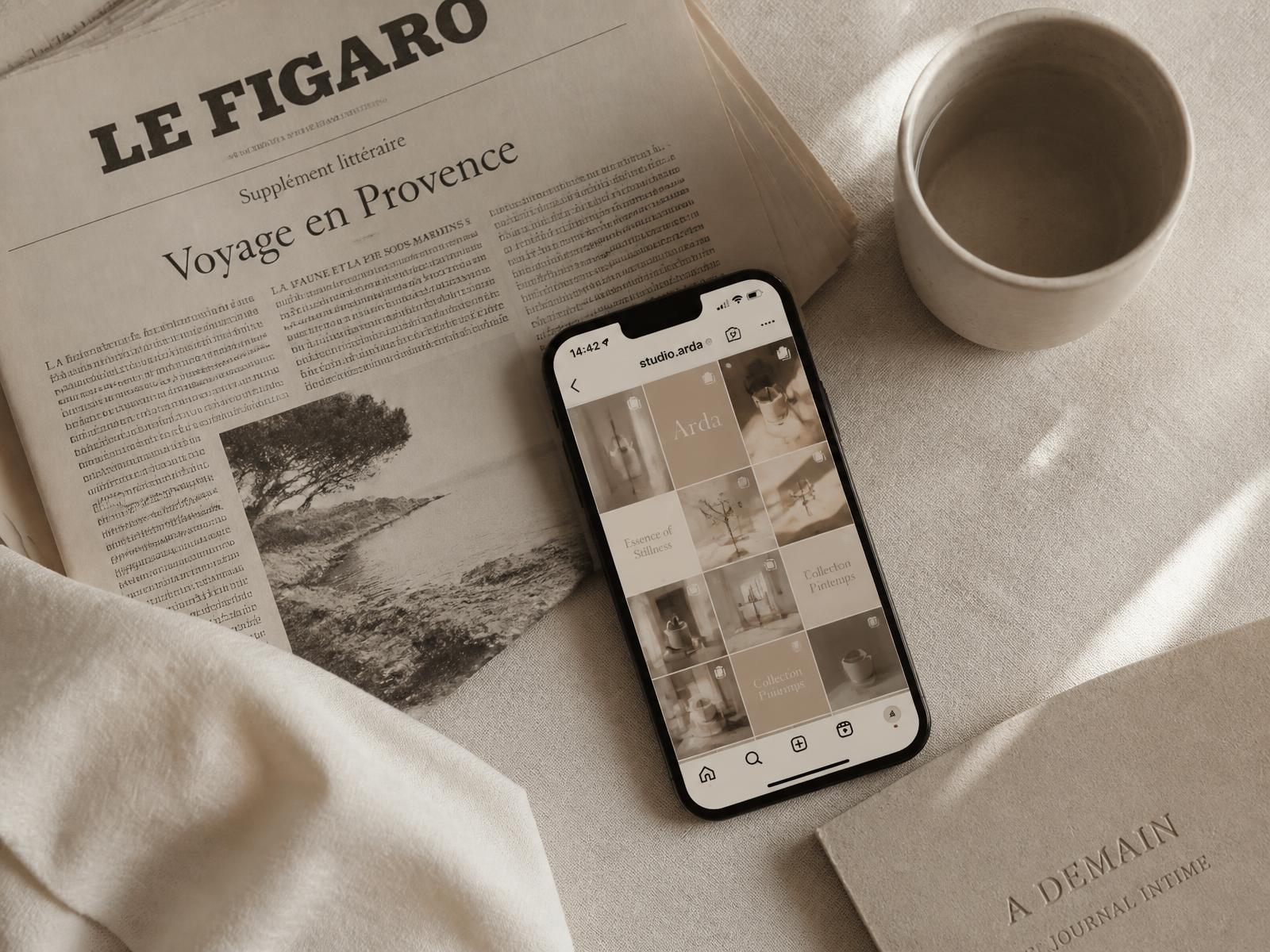 Phone displaying a client social media grid on a linen surface